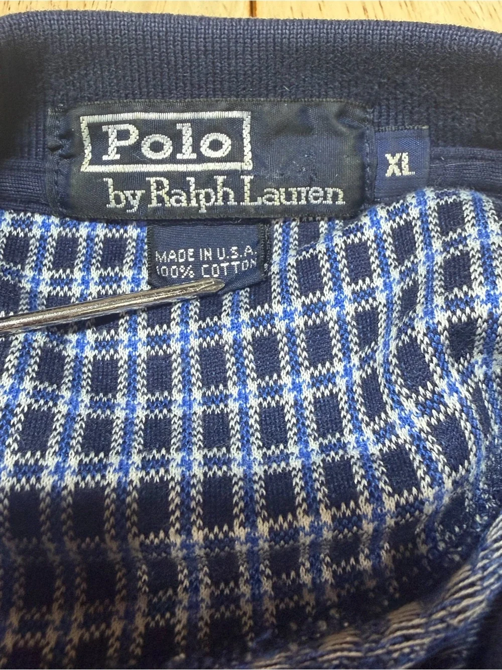 Vintage 90s Polo Ralph Lauren Made In USA Navy White Tartan Plaid Polo Mens XL